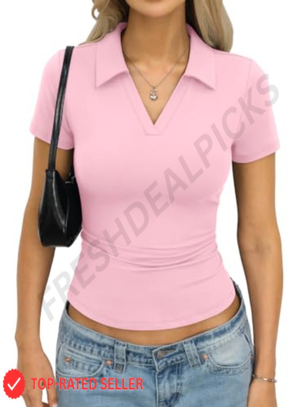 Womens Polo Shirt Tight Short Sleeve V-Neck Business Casual Top
